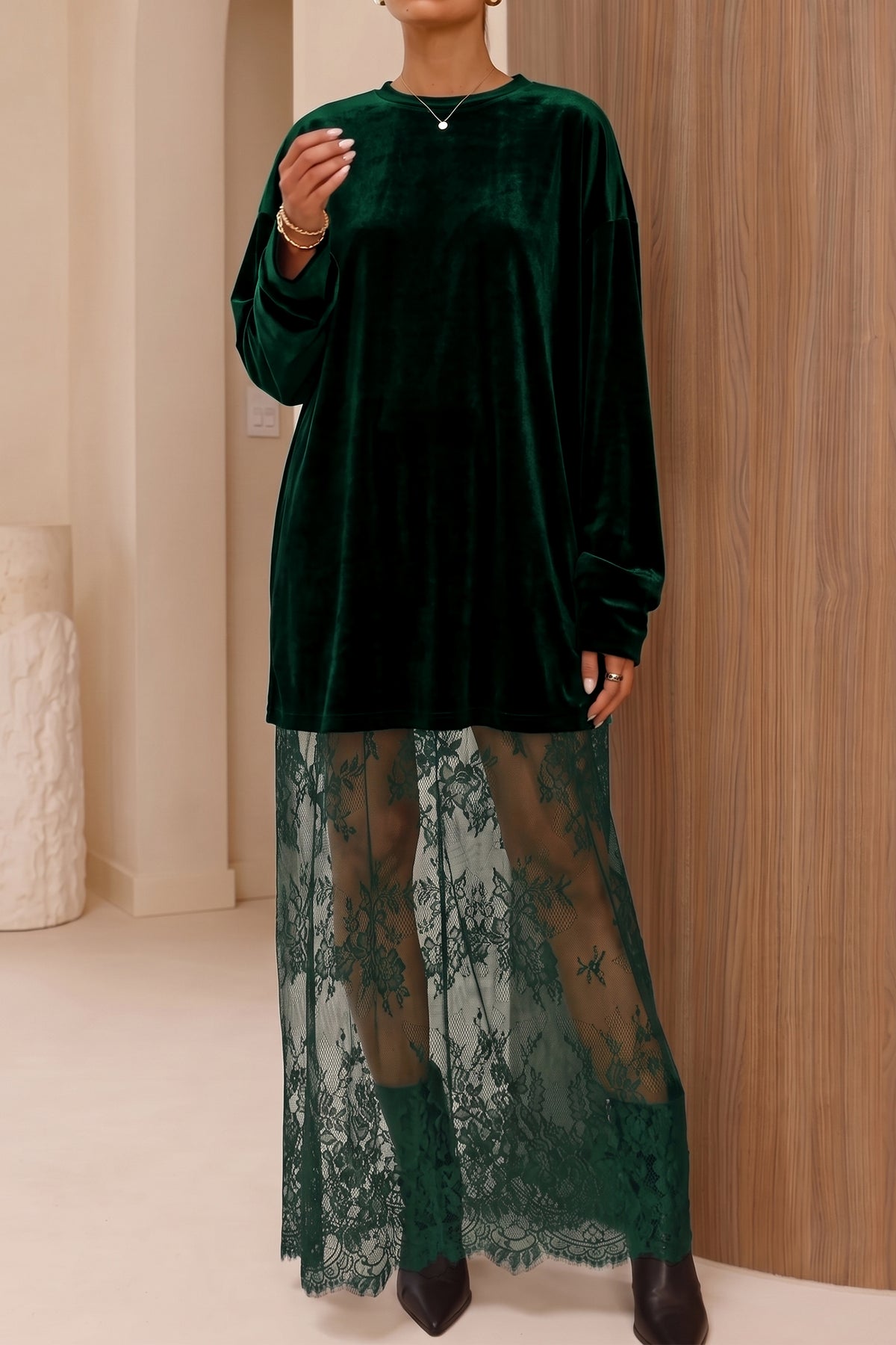 Black velvet long sleeve maxi dress with lace splicing hem, elegant shift style by Dear-Lover featuring a sophisticated design.
