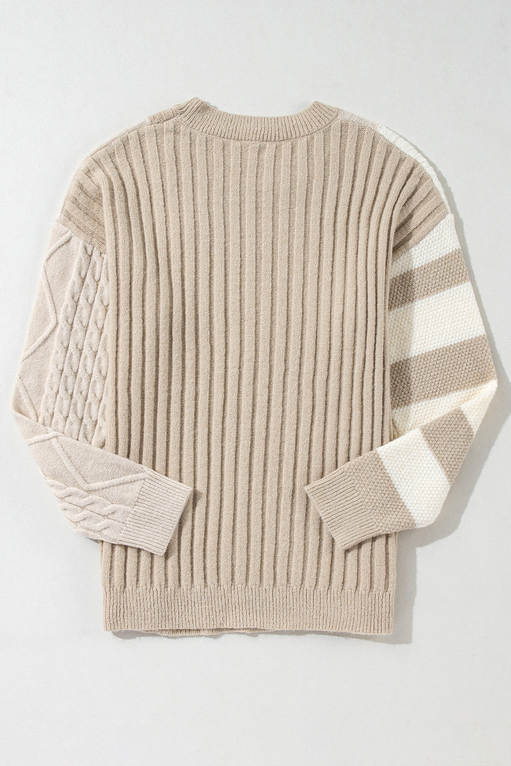 Khaki cable knit colorblock crew neck sweater with drop shoulder design from Dear-Lover, featuring a stylish, cozy knit pattern.