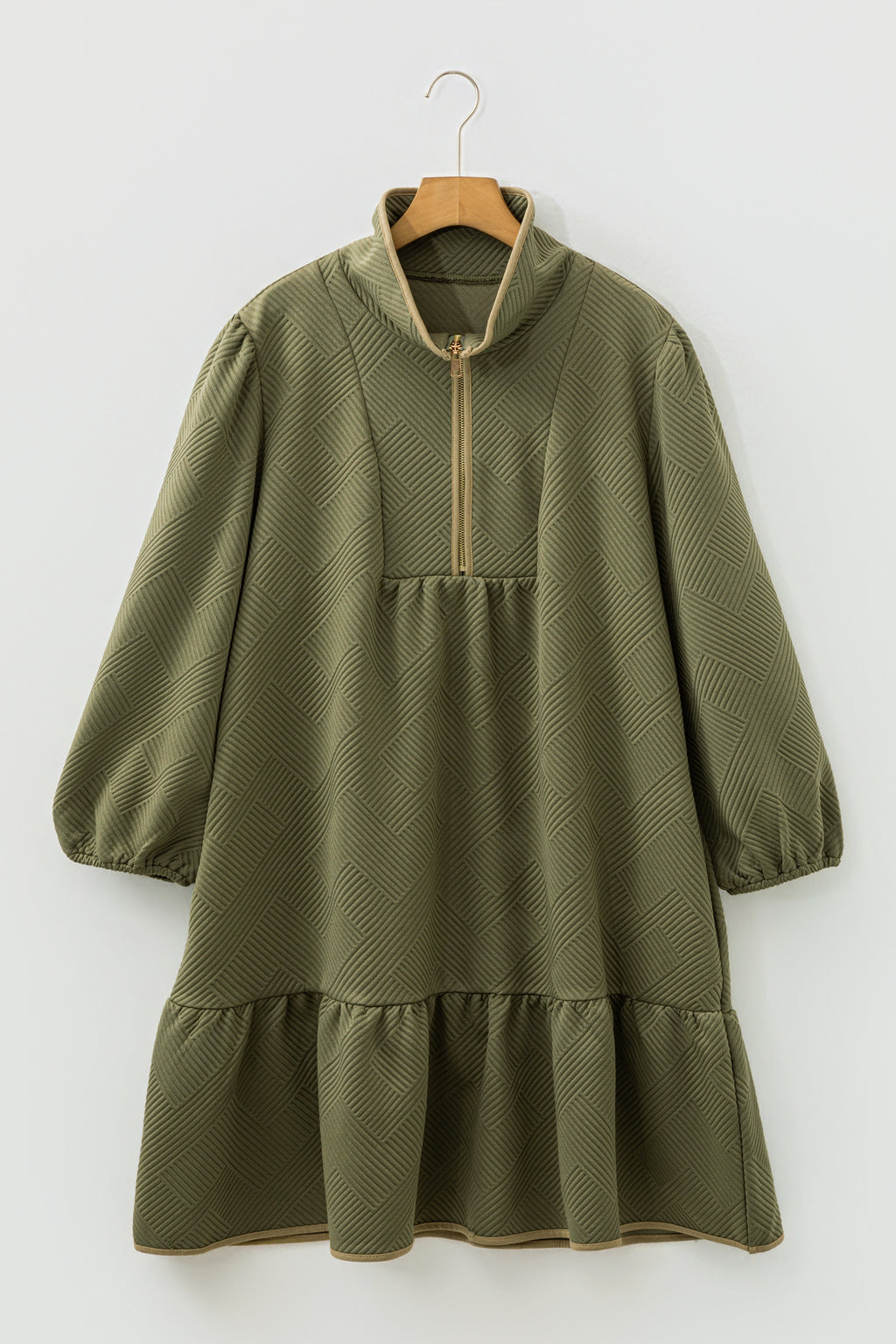 Jungle Green Plus Size Textured Contrast Trim Quarter Zip Bracelet Sleeve Mini Dress