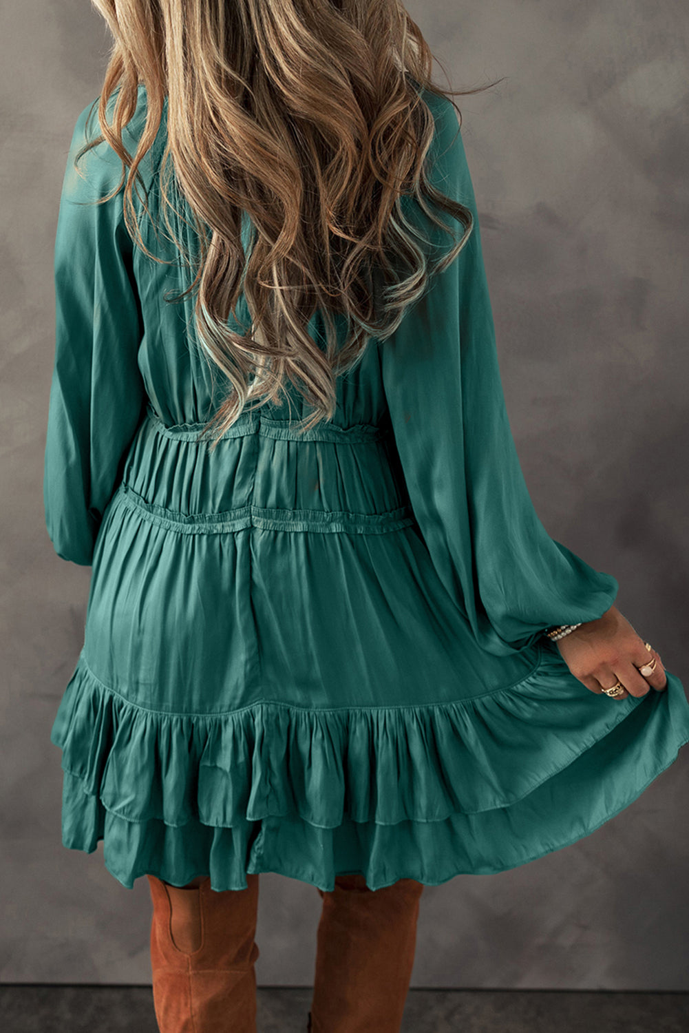 Mist Green Tiered Puff-Sleeve Mini Dress