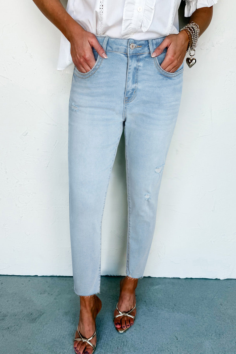Beau Blue mid-rise distressed skinny jeans for women, ankle-length with ripped details, from Dear-Lover.