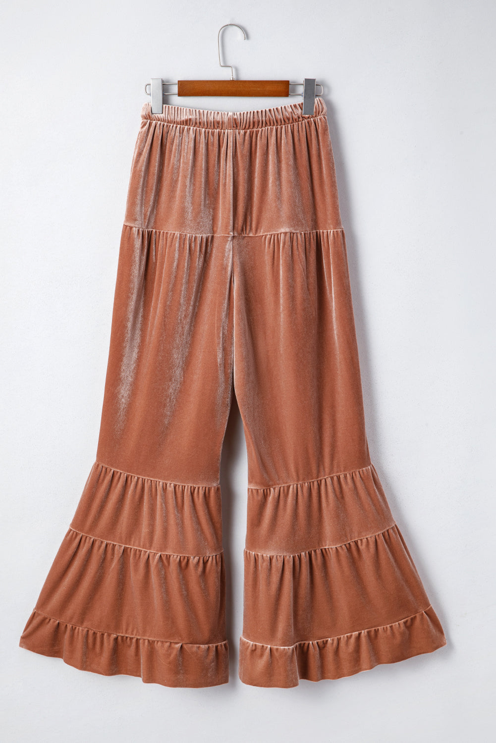 Yellow mineral wash lace-up high waist tiered bell bottom pants by Dear-Lover, featuring a bohemian style with wide flared legs.