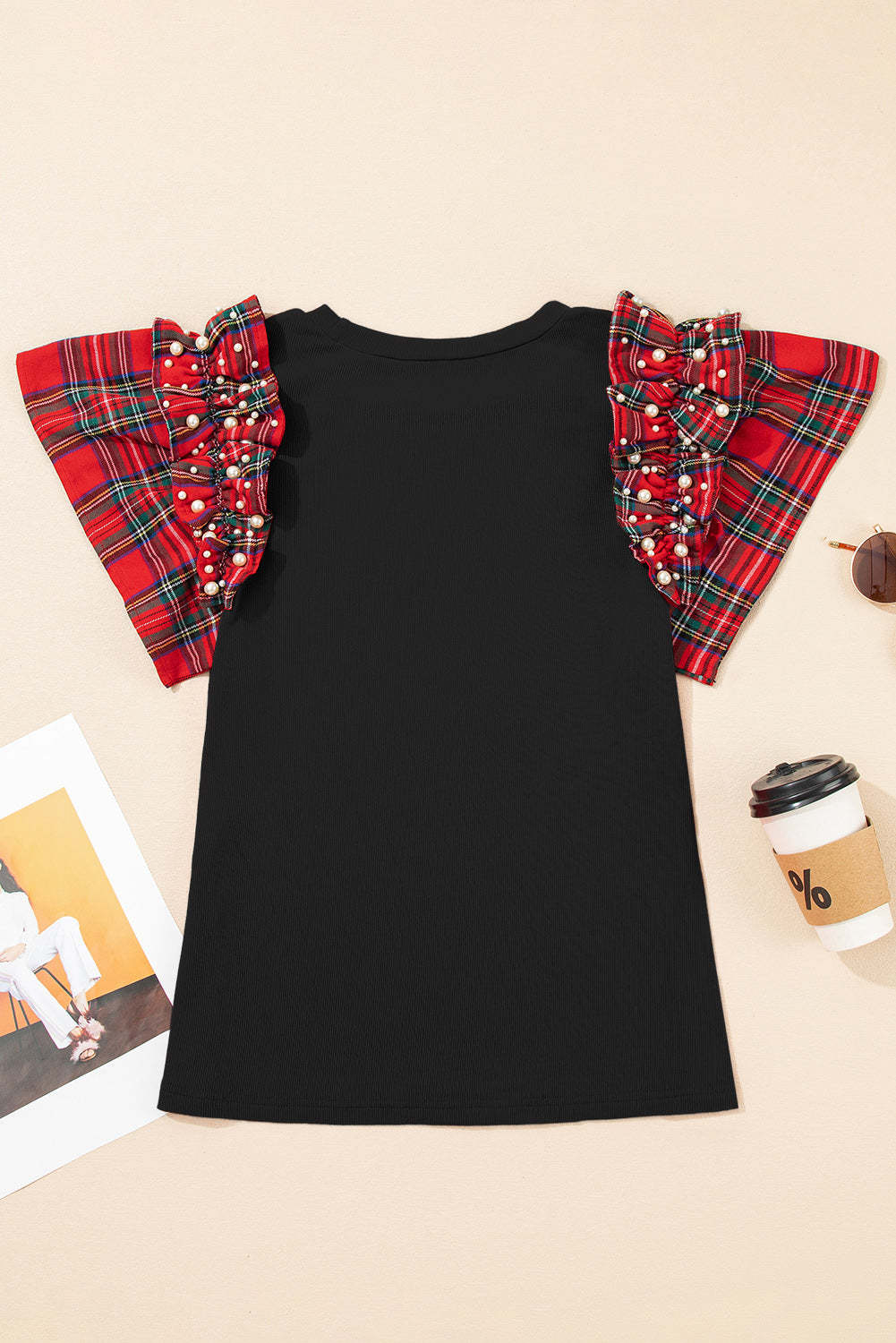 Plaid Pearl Ruffle Short Sleeve Shirt