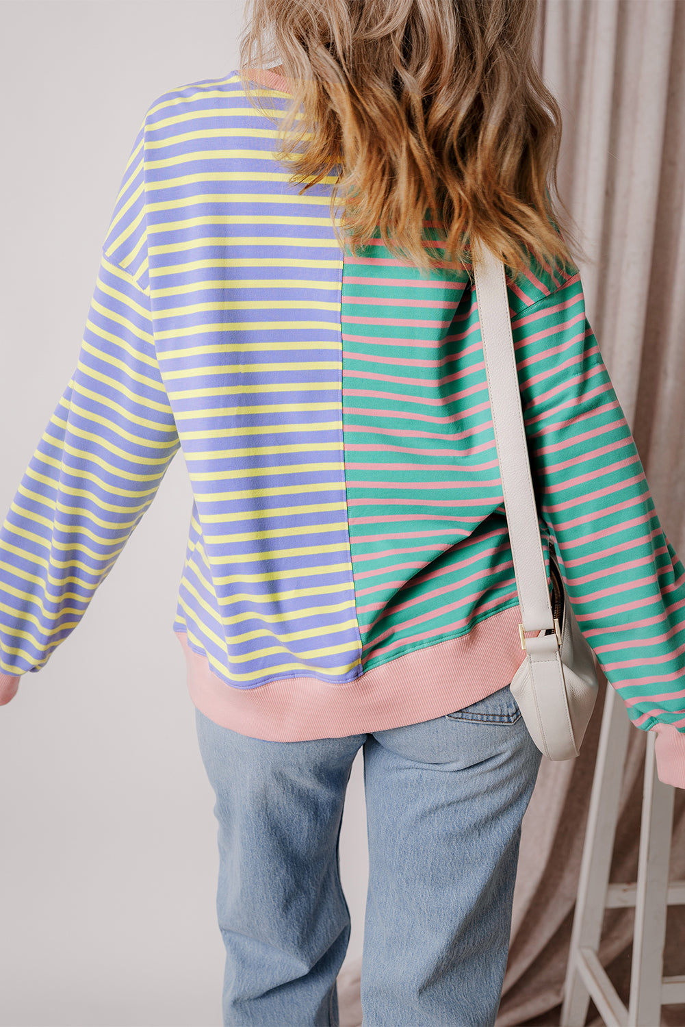 Brown Stripe Colorblock Drop-Shoulder Sweatshirt