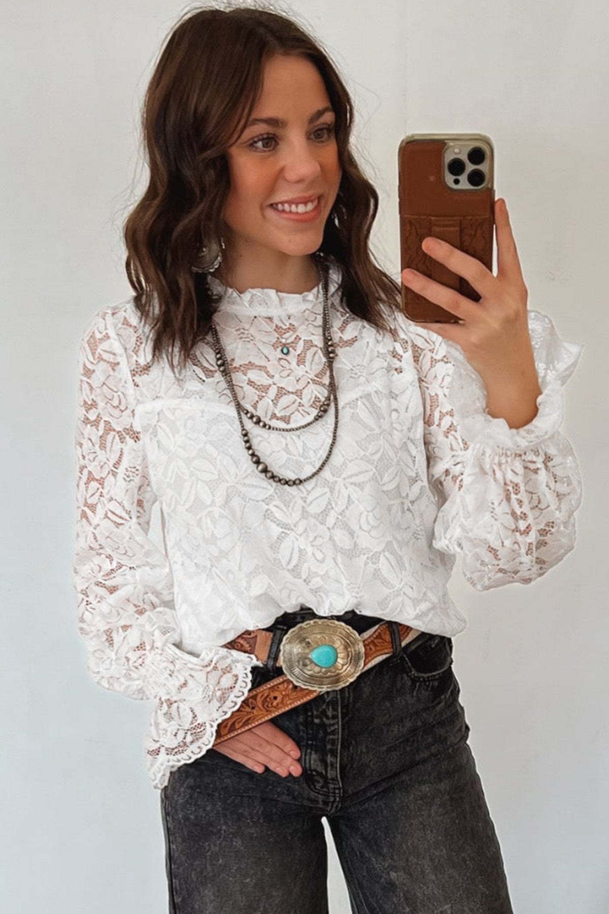 White Ruffled Sheer Lace Blouse