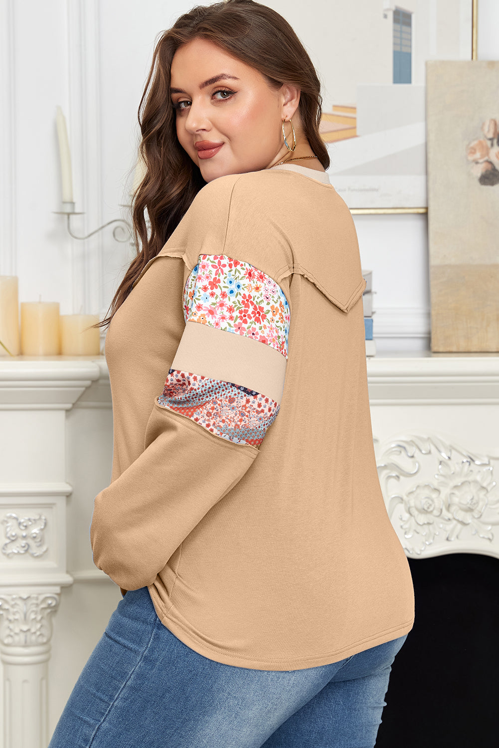 Khaki plus size floral patchwork relaxed sweatshirt with exposed seam details, from Dear-Lover, casual and comfortable for everyday wear.