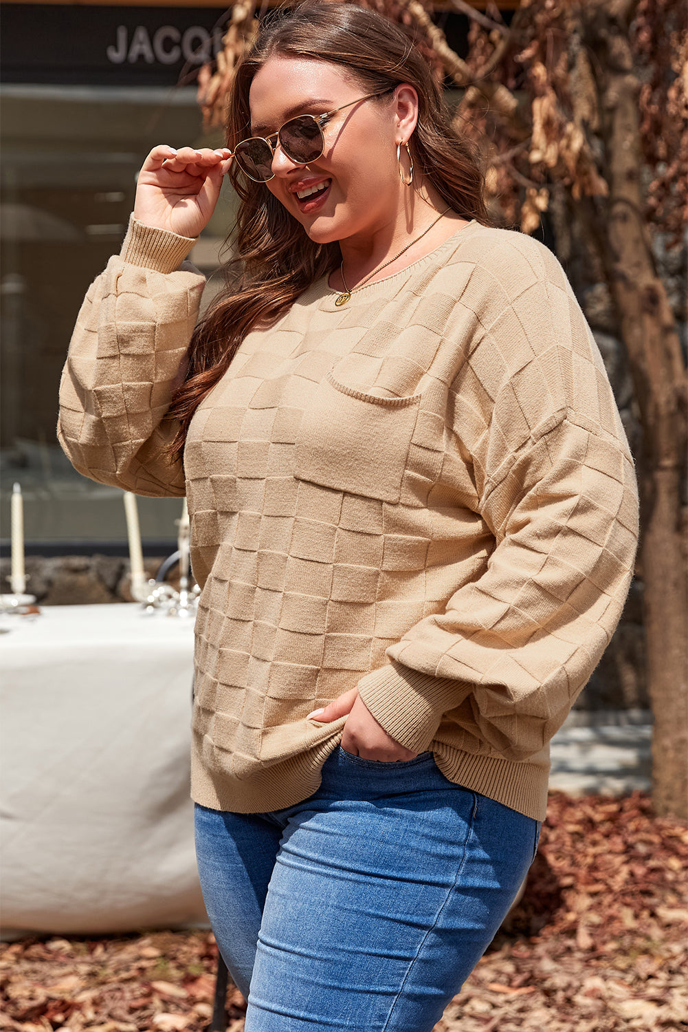 Plus size Dear-Lover French beige checkered textured knit sweater with long sleeves and cozy fit.