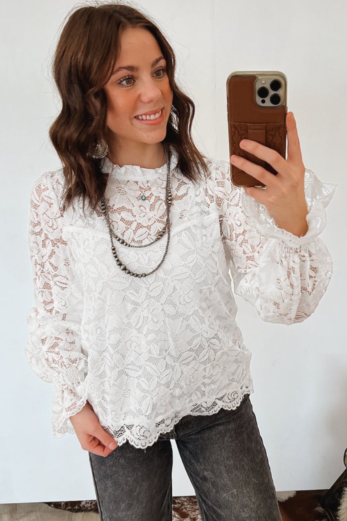 White Ruffled Sheer Lace Blouse