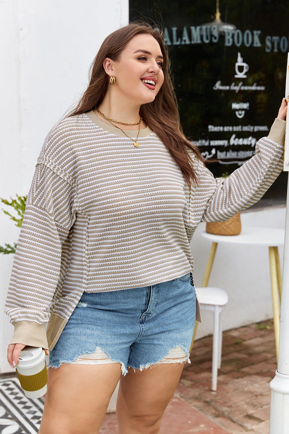 Plus size brown stripe breathable knit long sleeve top with ribbed trim, from Dear-Lover, casual and comfortable for everyday wear.