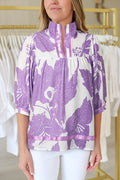 Purple Leafy Split-Neck Blouse