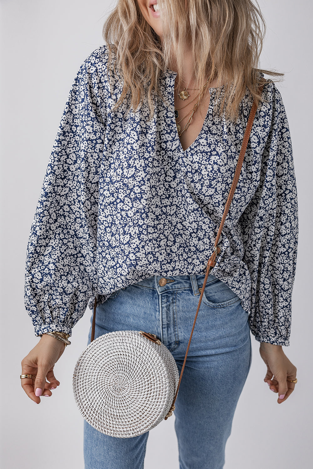 Blue Floral Puff-Sleeve Blouse