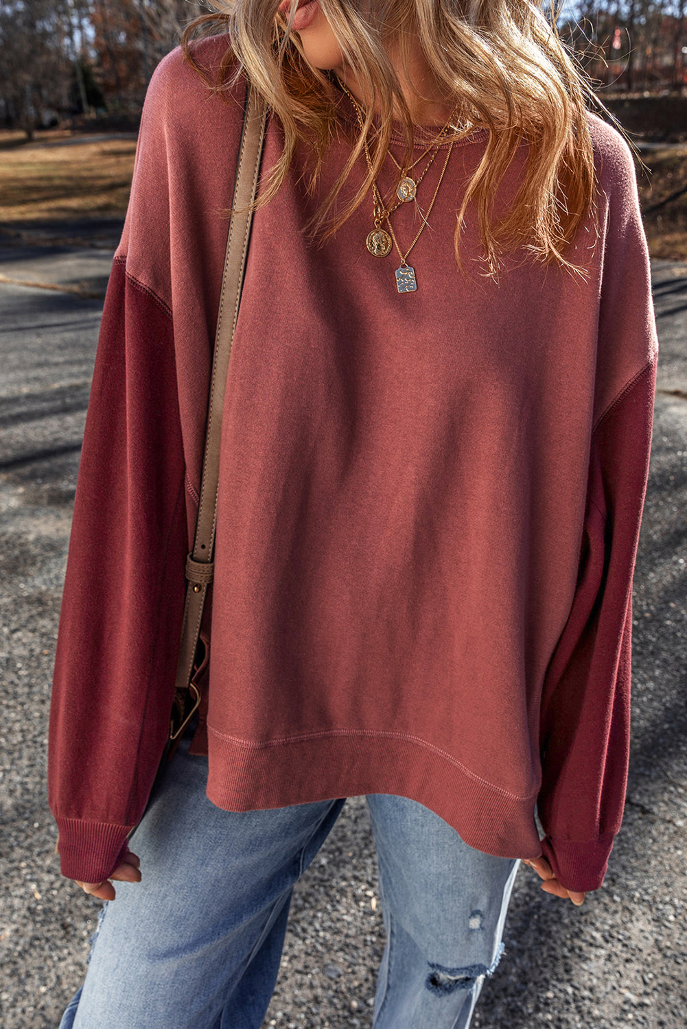 Mineral Red Two-Tone Patchwork Sweatshirt