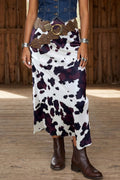 Brown abstract print western long metal zip-up skirt, stylish daily wear bottom from Dear-Lover with contemporary design.