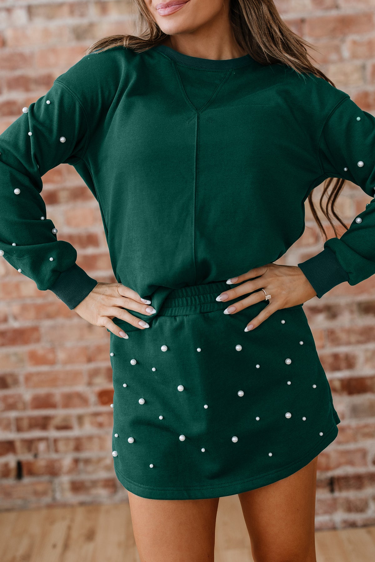 Dark green pearl-embellished drop shoulder pullover and elastic waist mini skort set, stylish two-piece dress by Dear-Lover.