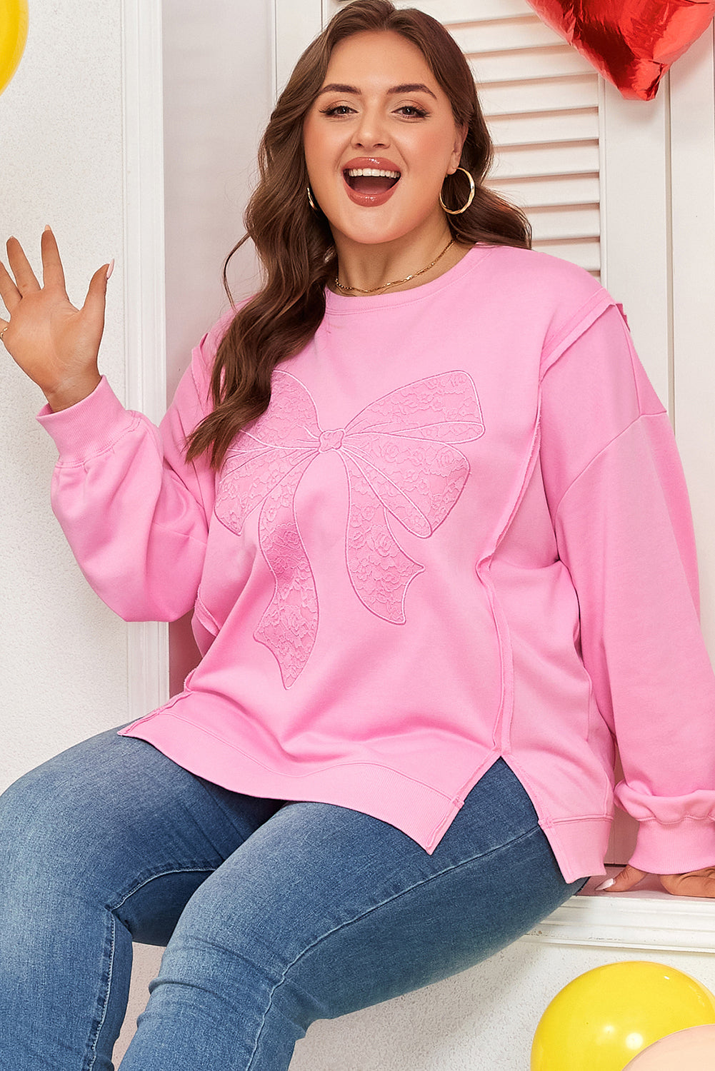 Pink plus size sweatshirt with big bow lace embroidery, dolman sleeves, and slit design by Dear-Lover.