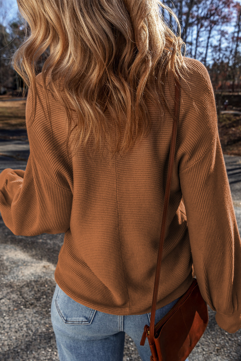 Camel Ribbed-Knit V-Neck Sweater