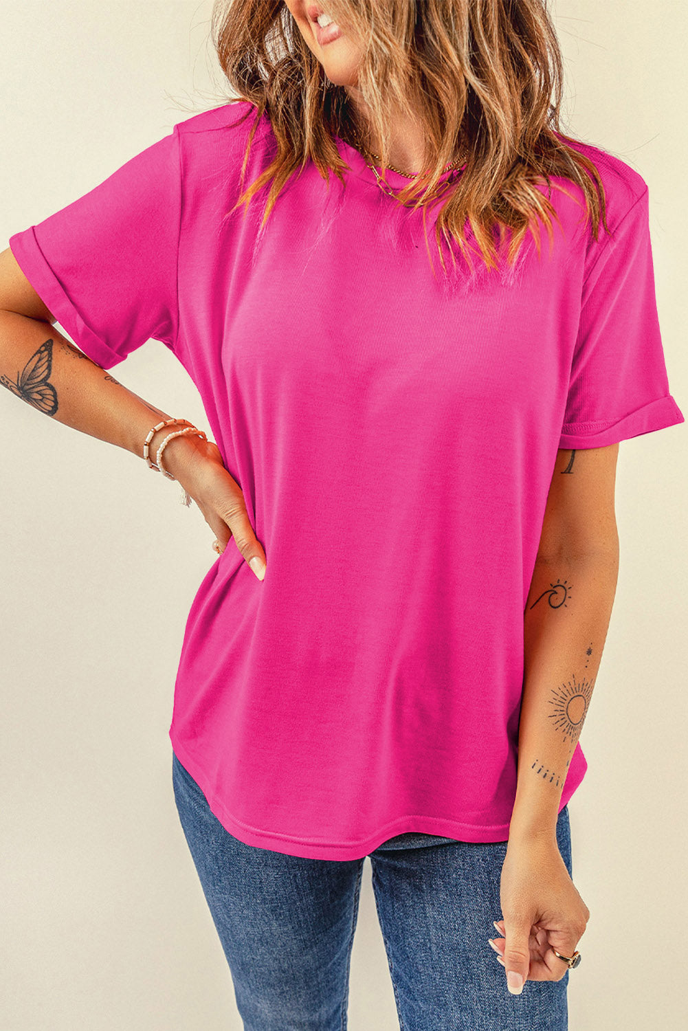 Orchid Petal Casual Plain Crew Neck Tee