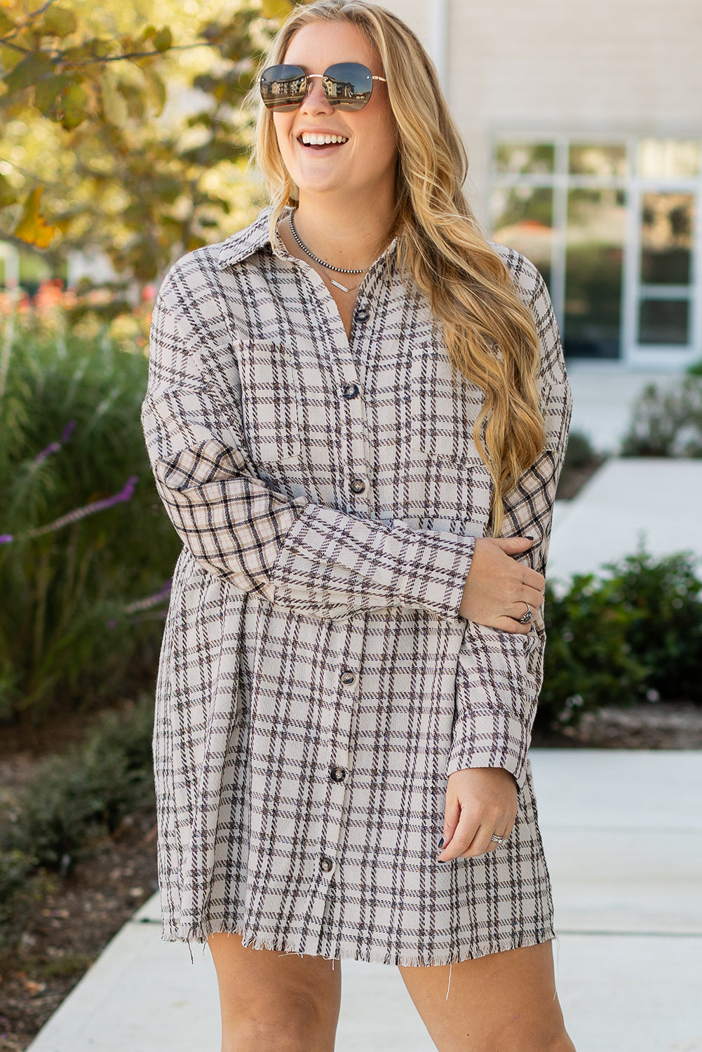 White stripe plus size plaid buttoned tunic shirt dress with raw hem, stylish and comfortable from Dear-Lover.