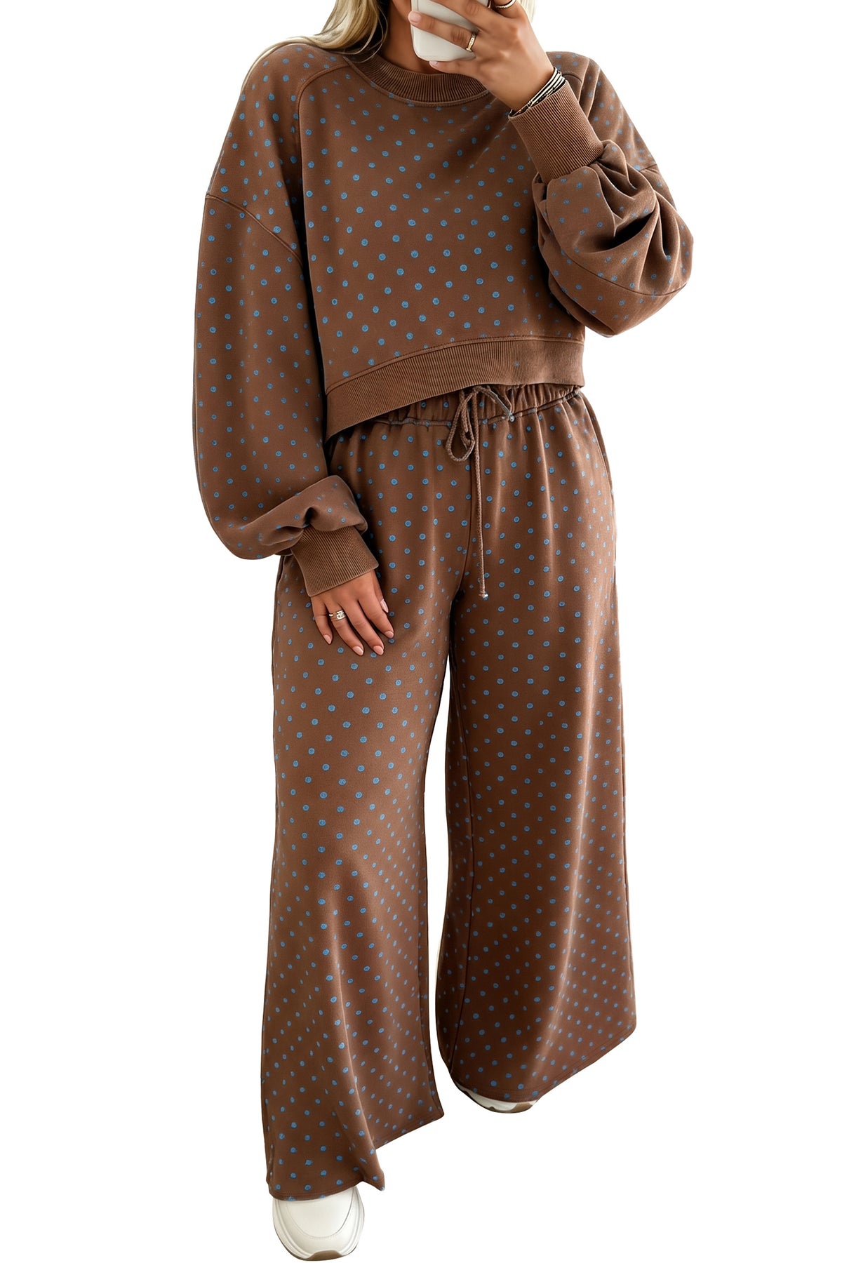 Plus size polka dot lounge set from Dear-Lover, featuring a comfortable top and pants for relaxed home wear.