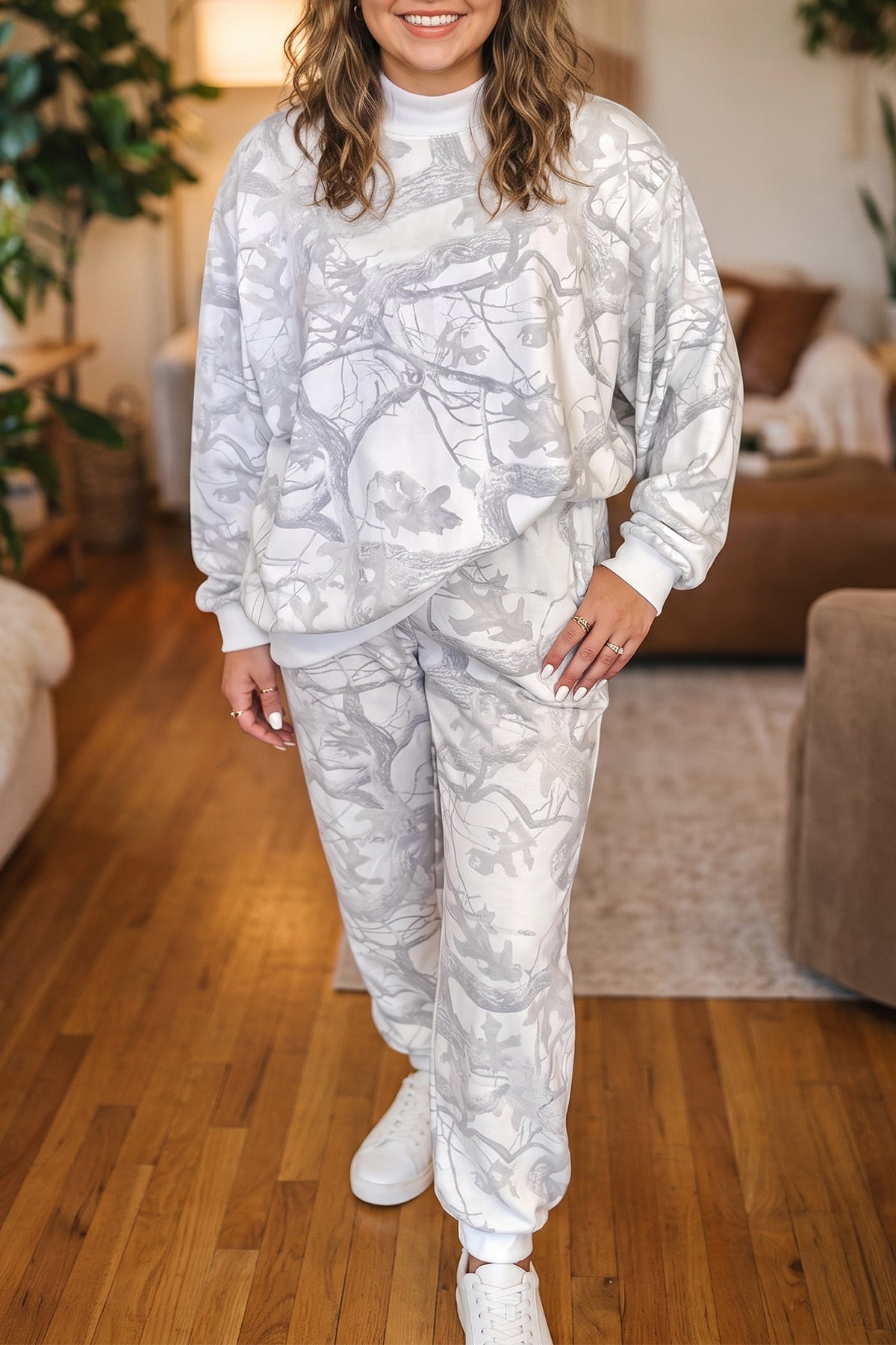 Pink camouflage print plus size loungewear set with stand collar, long sleeves, and regular fit from Dear-Lover.