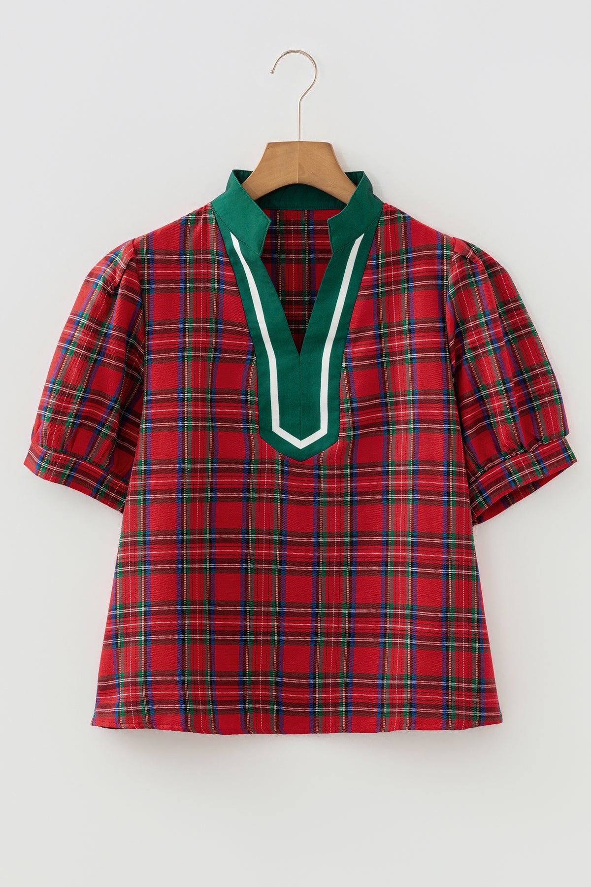 Red Plaid V-Neck Blouse
