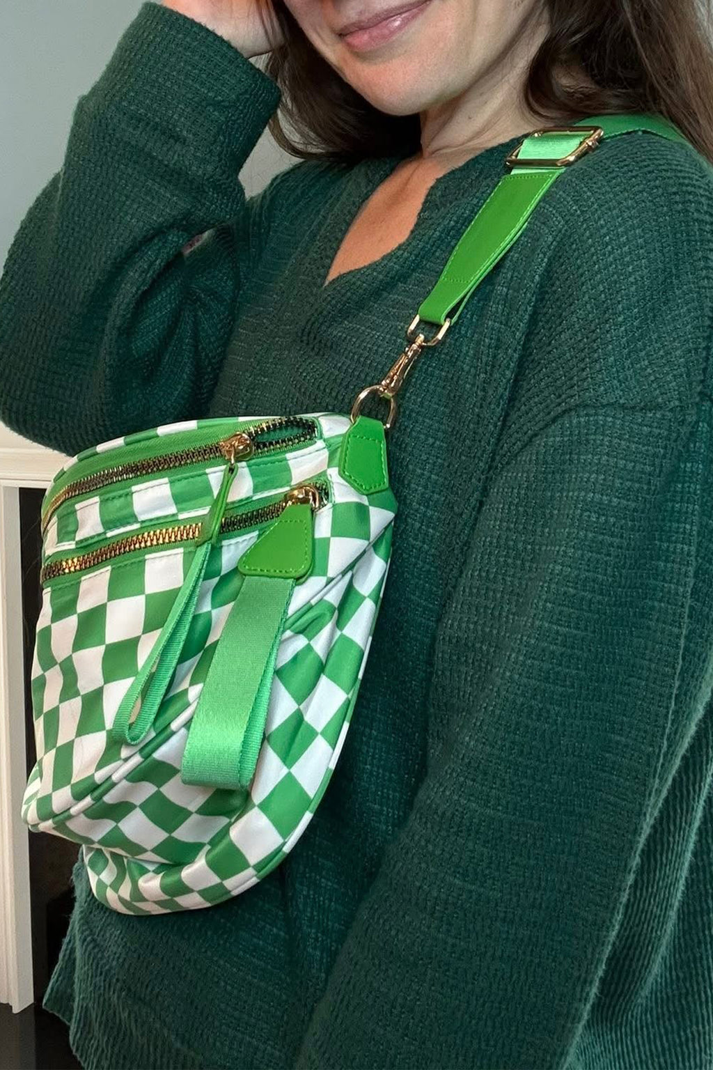 Phalaenopsis Checkered Print Wide Strap Large Crossbody Bag