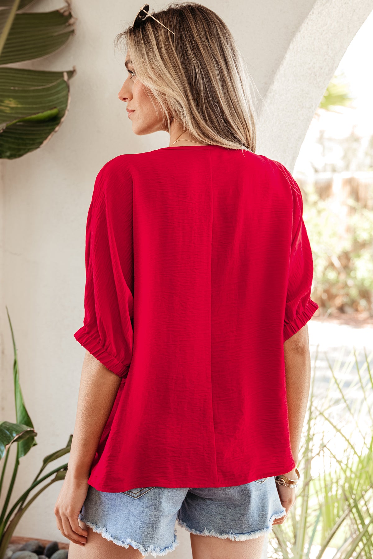 Red Braided V Neck Blouse