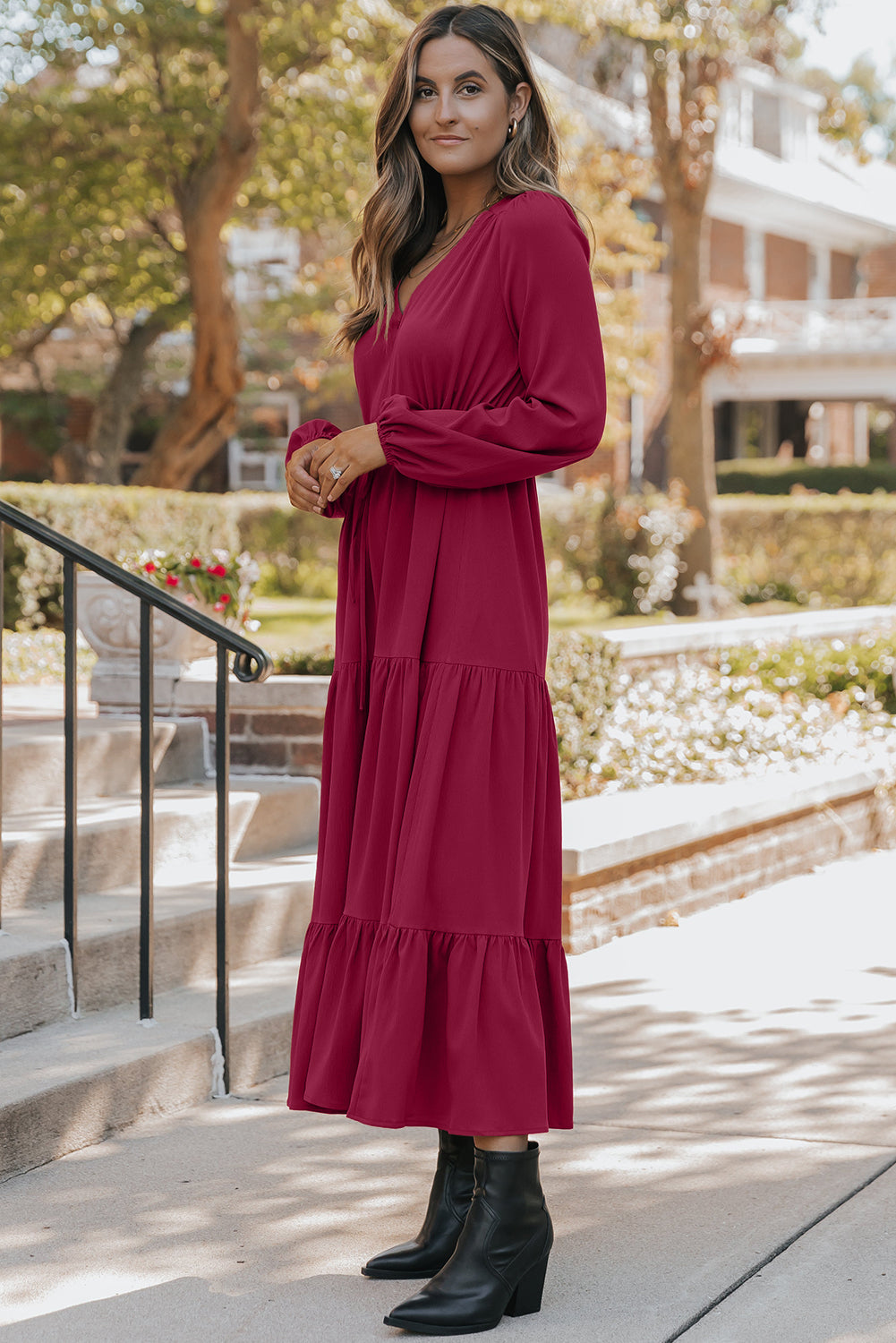 Burgund Long Sleeve V Neck Maxi Dress