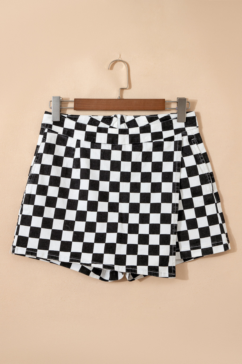Black checkered print denim shorts with overlap design from Dear-Lover, featuring a casual, stylish look.