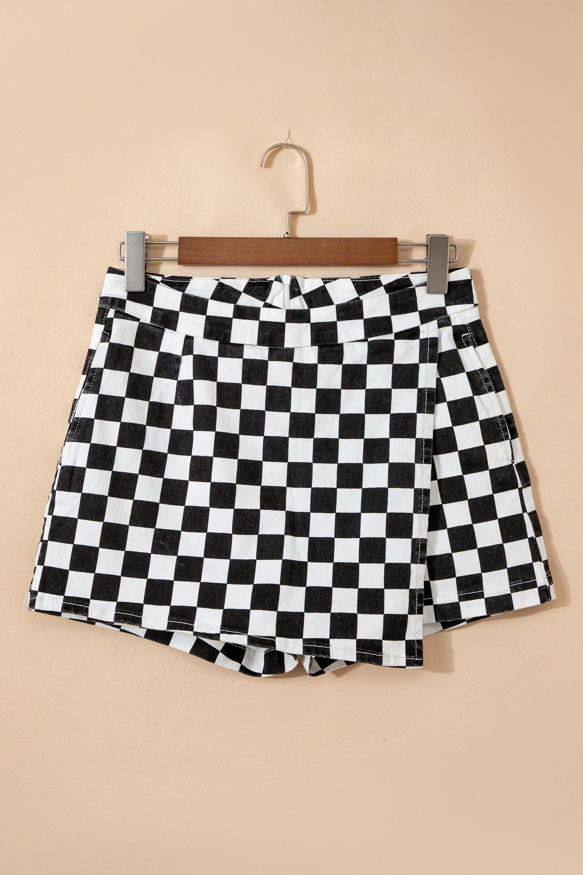 Black checkered print denim shorts with overlap design from Dear-Lover, featuring a casual, stylish look.