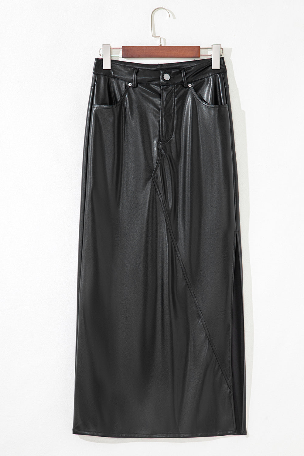 Black faux leather maxi skirt with side slit, stylish bottoms by Dear-Lover featuring a sleek, edgy design and flowing silhouette.