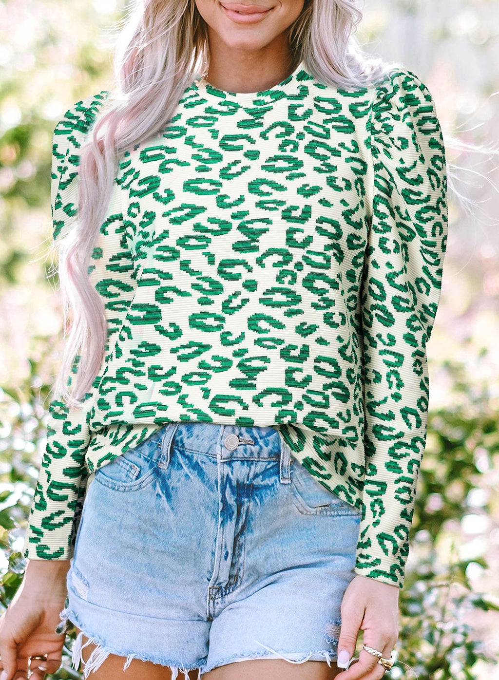 Blackish Green Leopard Puff-Sleeve Top