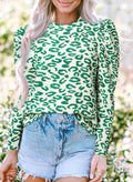 Blackish Green Leopard Puff-Sleeve Top