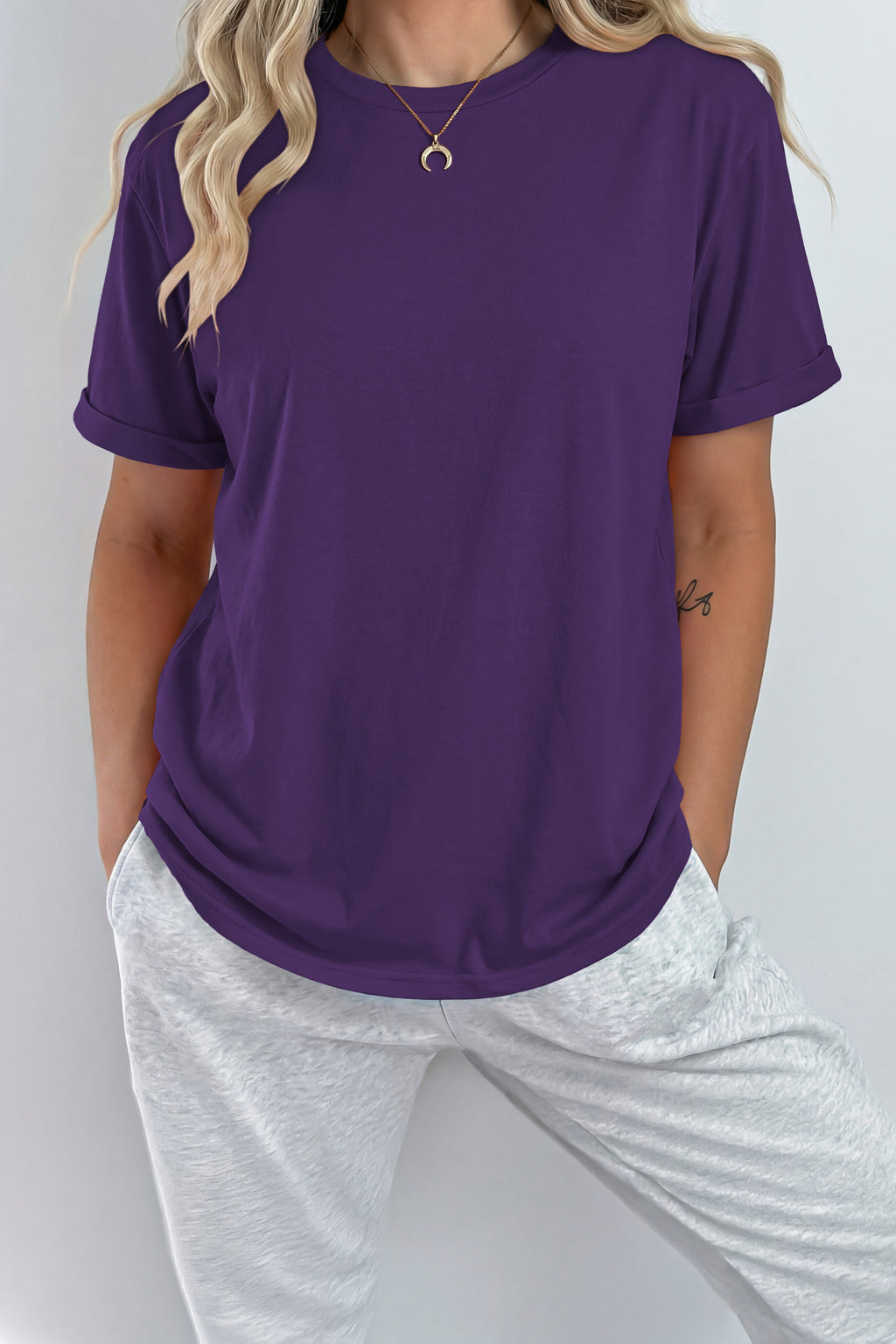 Orchid Petal Casual Plain Crew Neck Tee