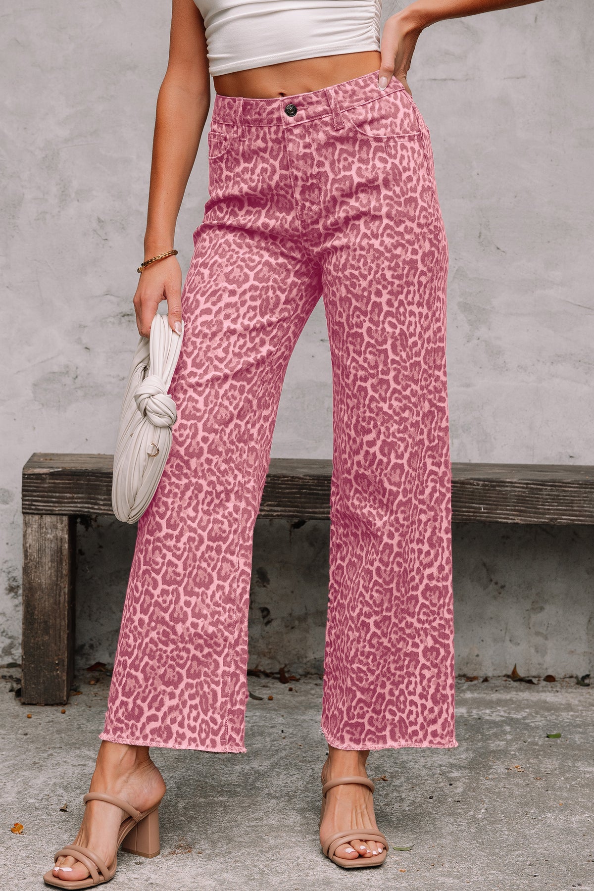 Leopard Frayed Wide-Leg Jeans