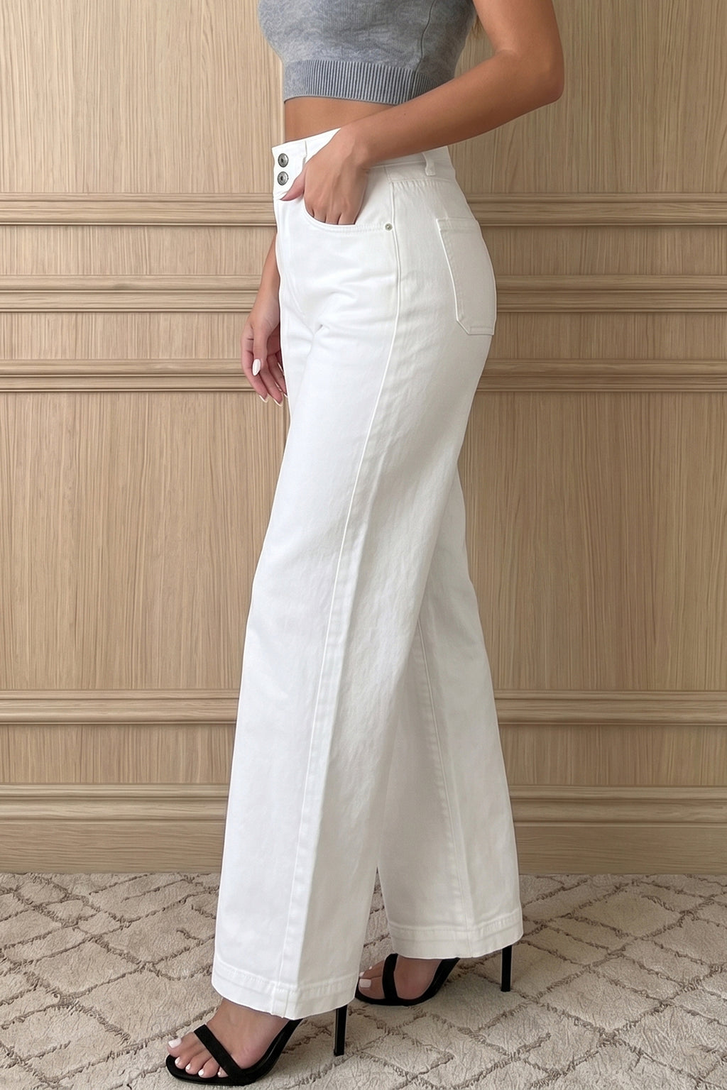Mist Green high waist wide leg jeans with 2-button closure, stylish denim bottoms from Dear-Lover.