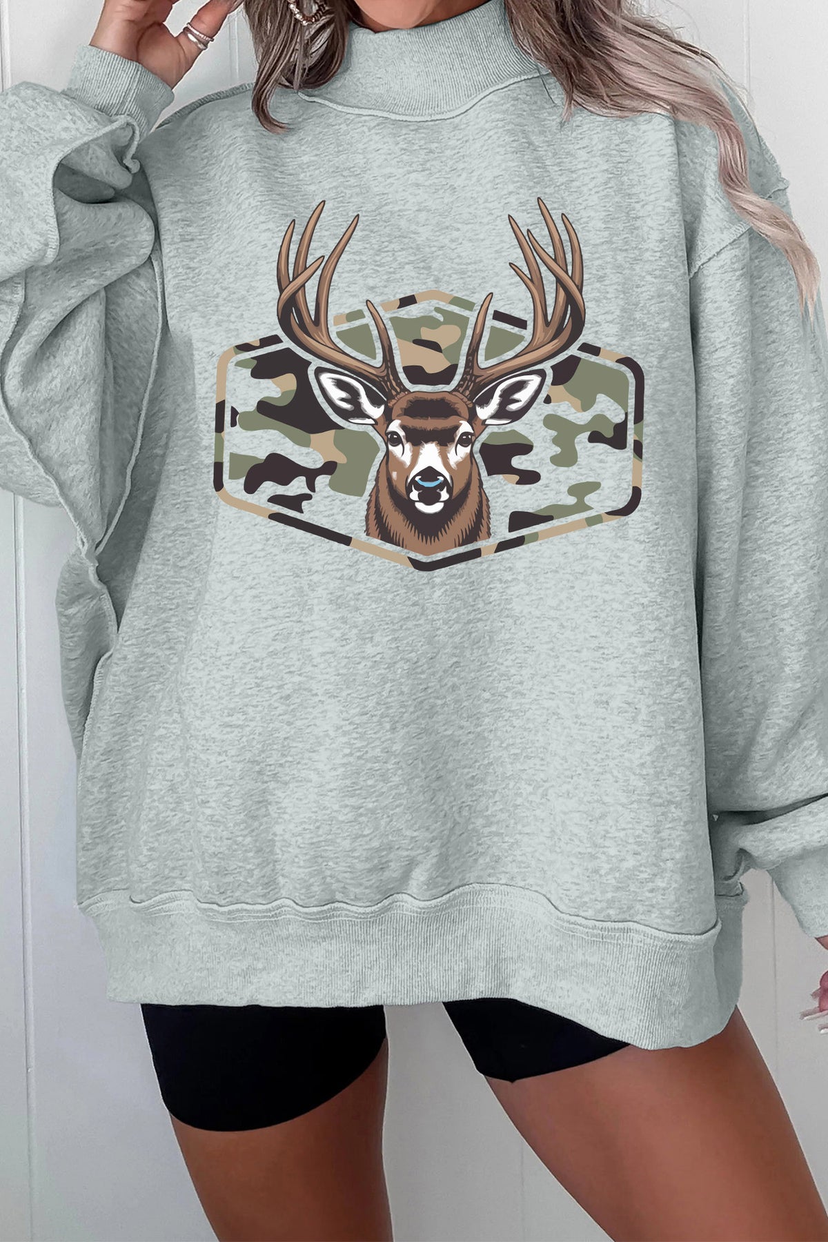 Gray oversized camouflage reindeer print mock neck sweatshirt by Dear-Lover with graphic reindeer design, cozy and casual style.