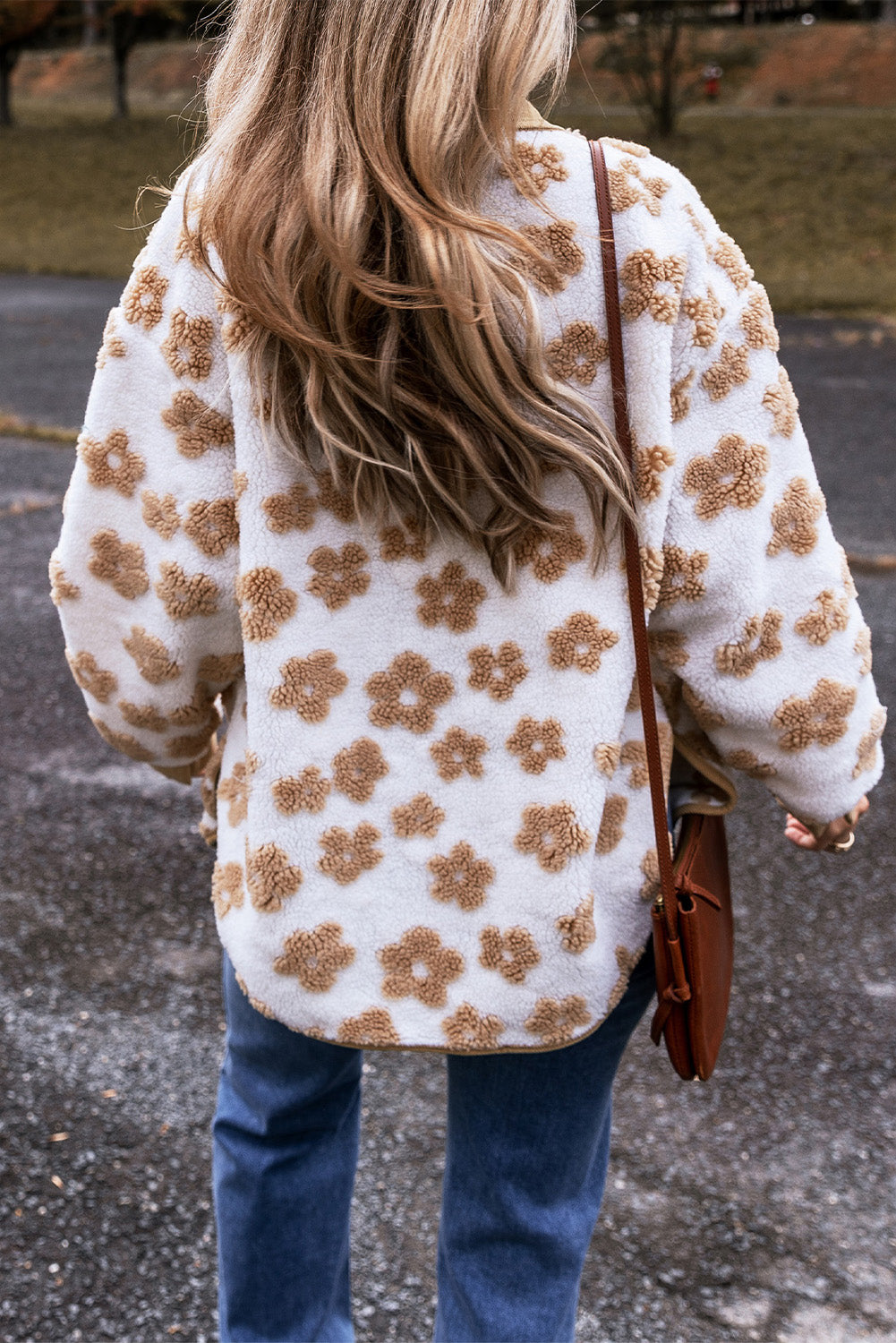 French Beige Flower Button-Up Fleece Jacket