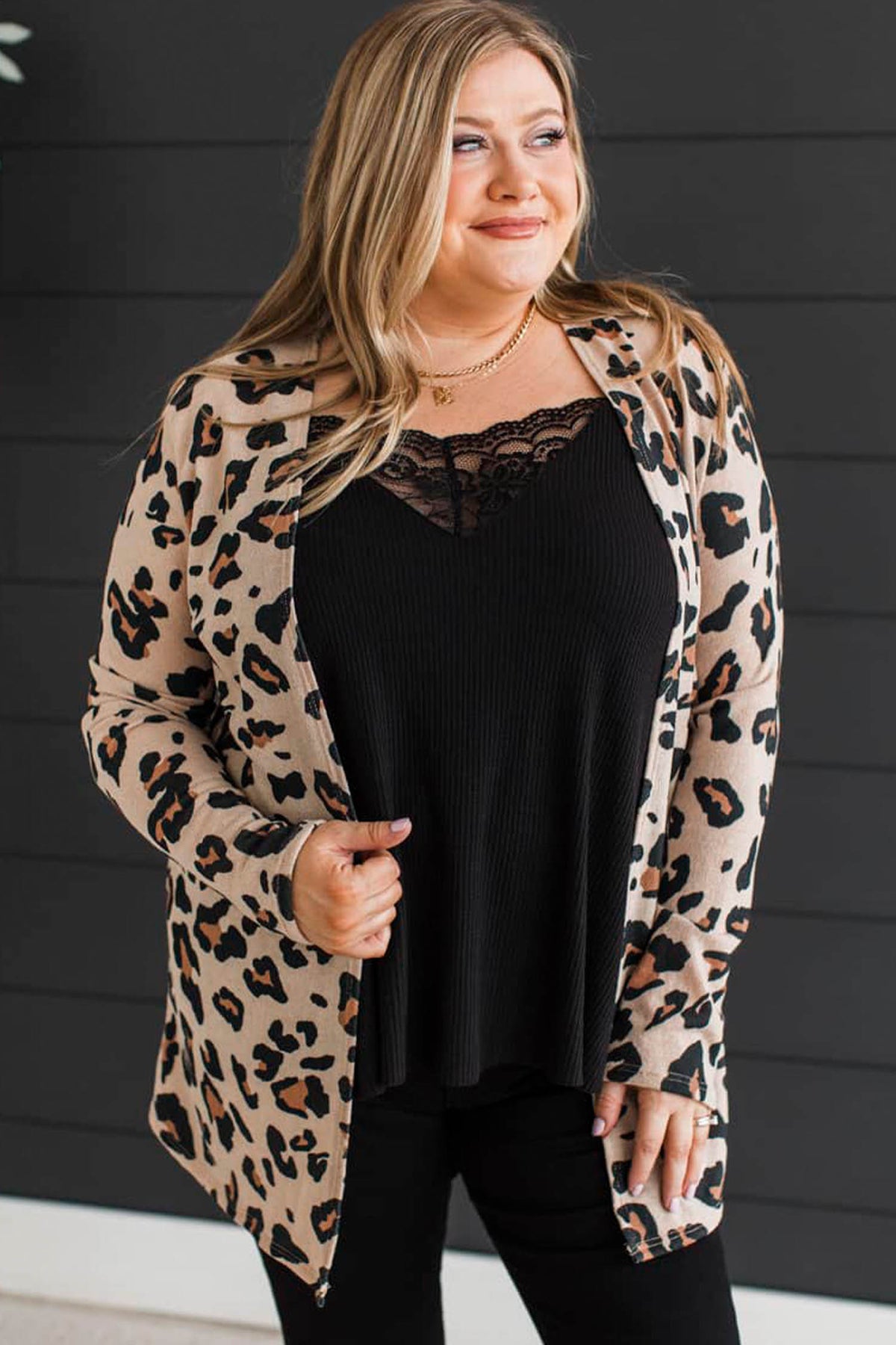 Khaki leopard print long sleeve V-neck tunic cardigan in plus size, stylish outerwear by Dear-Lover.