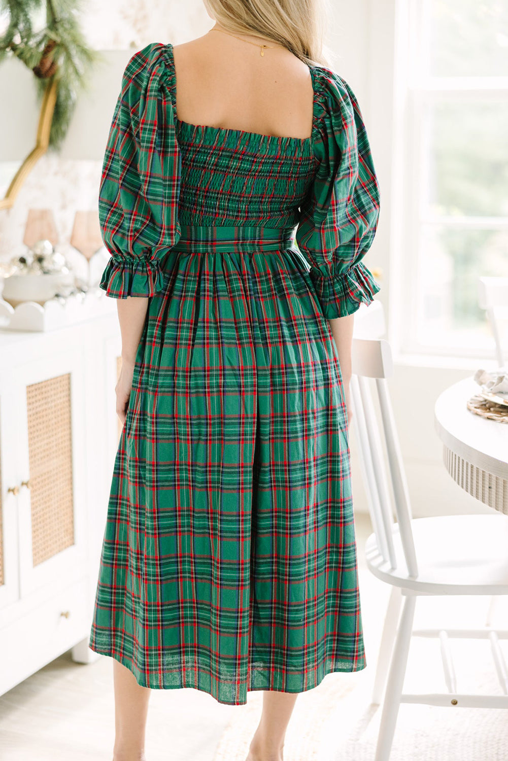 Plaid Puff Sleeve Midi Dress