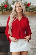Fiery Red V Neck Collared Shirred 3/4 Sleeve Oversized Tunic Top