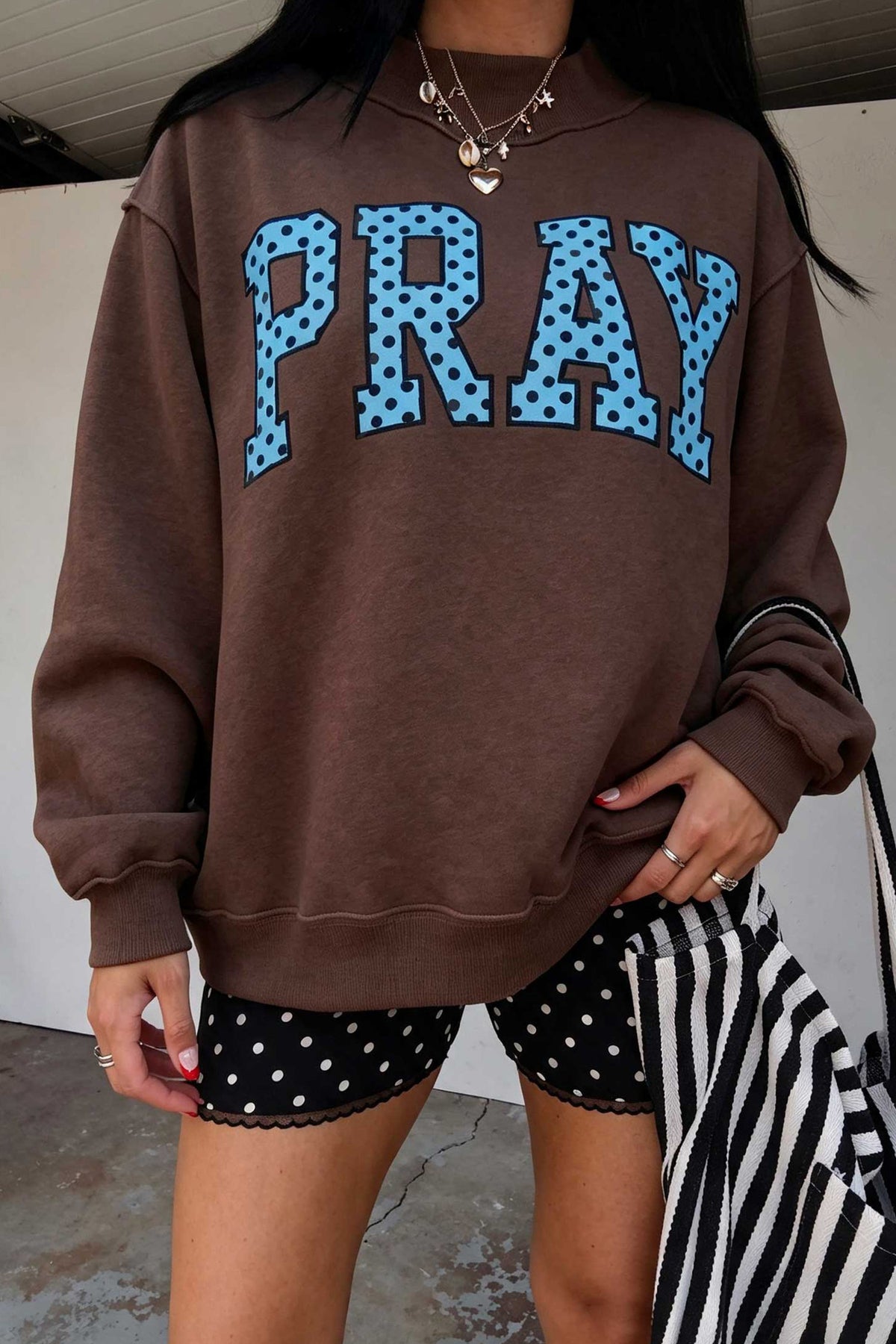 Dear-Lover polka dot embroidered mock neck sweatshirt featuring the word "PRAY" on a stylish coffee-colored top.
