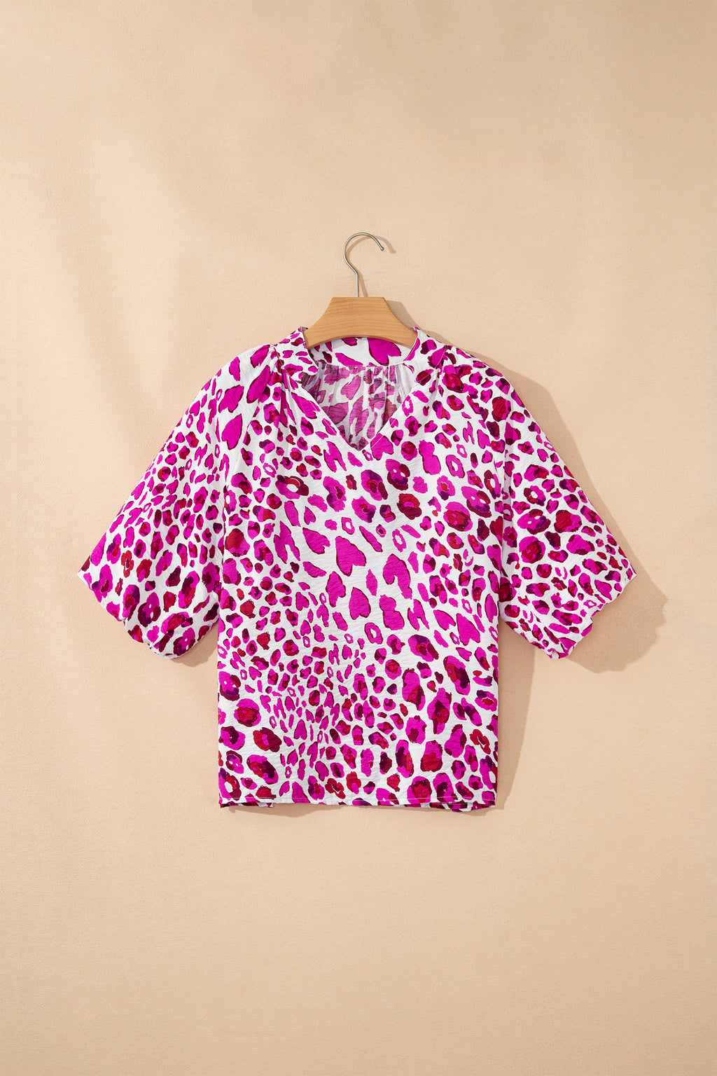 Rose Leopard Print V Neck Puffy Half Sleeve Blouse