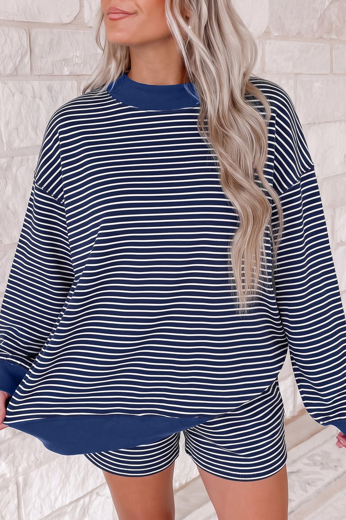 Blue Stripe Pullover & Shorts Set