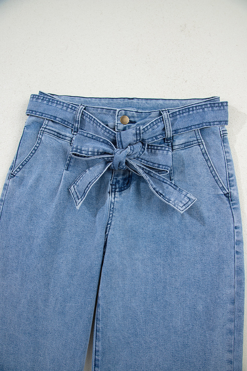 Beau Blue Western Washed Bow Knot Sash Wide Leg Jeans from Dear-Lover Dropshipping, showing the front view with bow detail and wide legs.