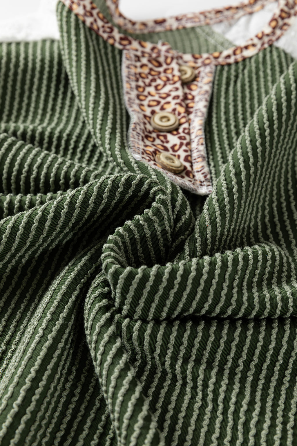 Vineyard Green Twisted Ribbed Leopard Lace Contrast Patchwork Long Sleeve Top