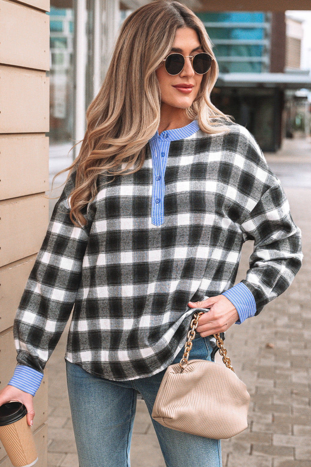 Black Contrast Striped Edge Half Placket Plaid Blouse