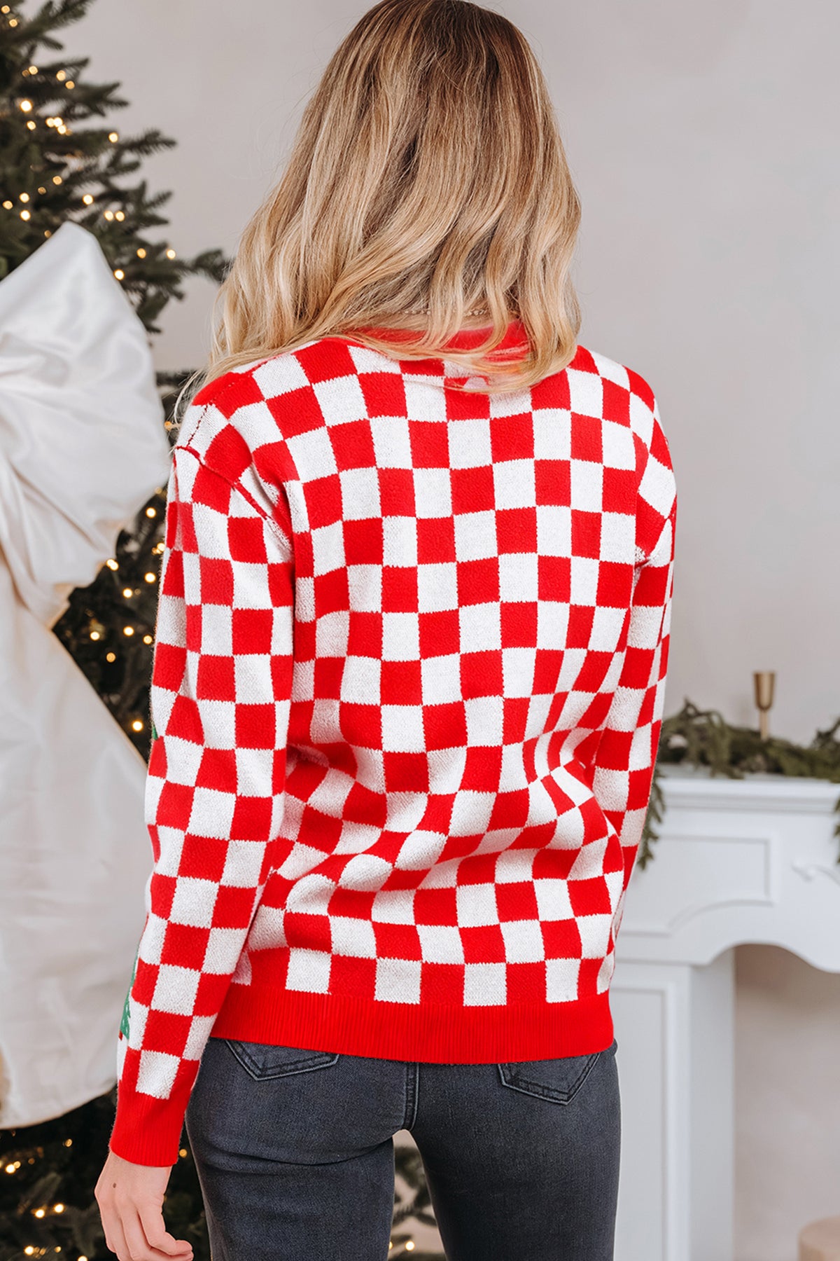 Pink Checkered Christmas Tree Cardigan