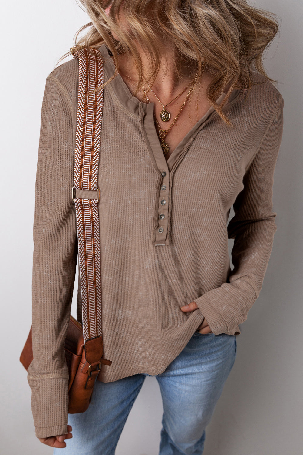 Coffee Acid Wash Waffle-Knit Top