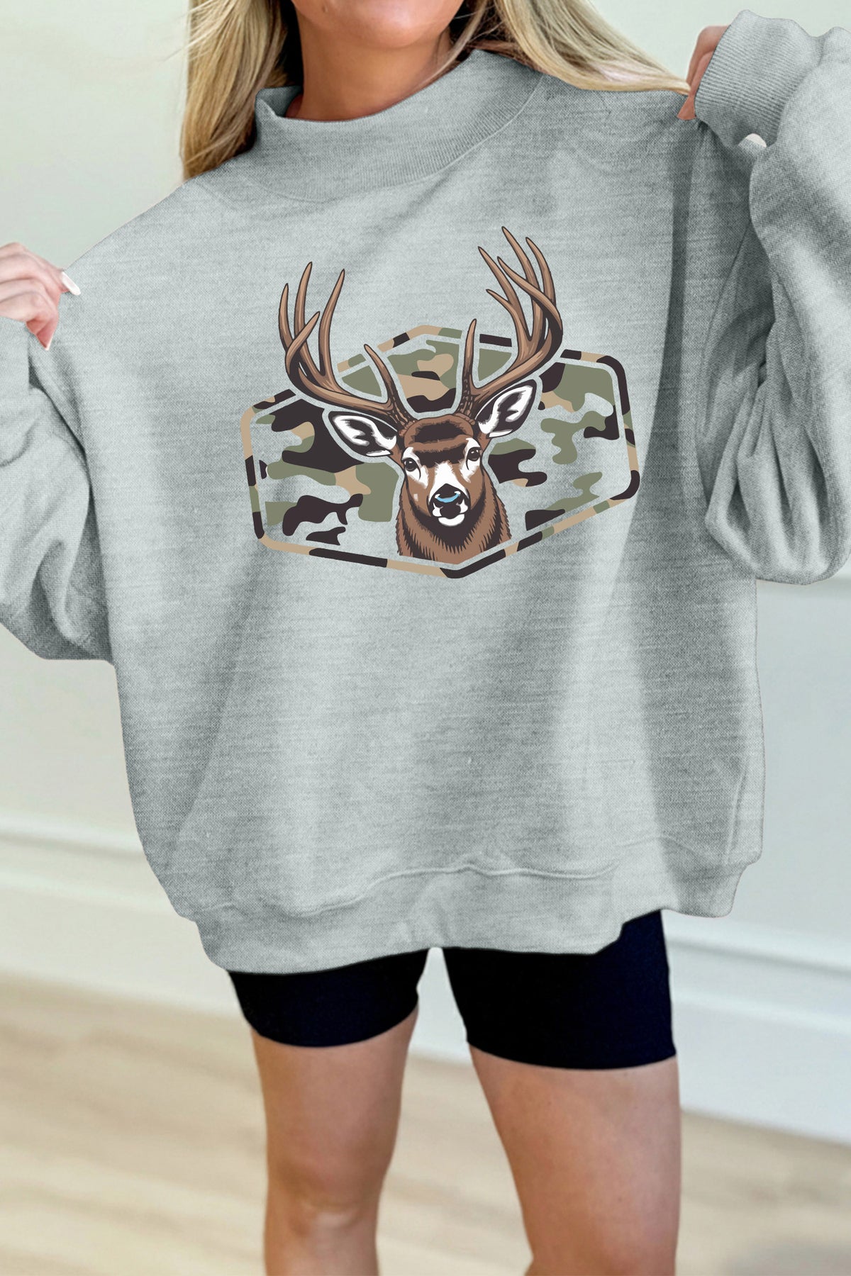Gray oversized camouflage reindeer print graphic sweatshirt by Dear-Lover, featuring a mock neck and reindeer design.